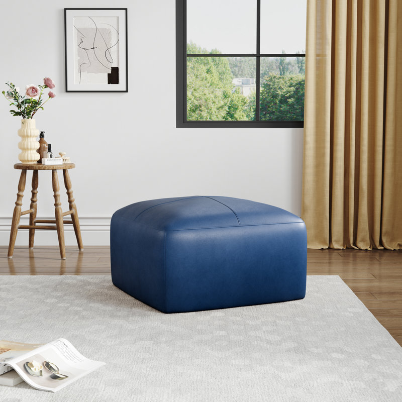 Hustle Square Top-Grain Genuine Leather Ottoman, Navy Blue