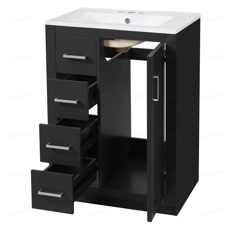 Meuble-lavabo avec lavabo en céramique intégré, armoire de salle de bain à 1 porte, 3 tiroirs, meuble-lavabo simple pour petite et moyenne salle de bain