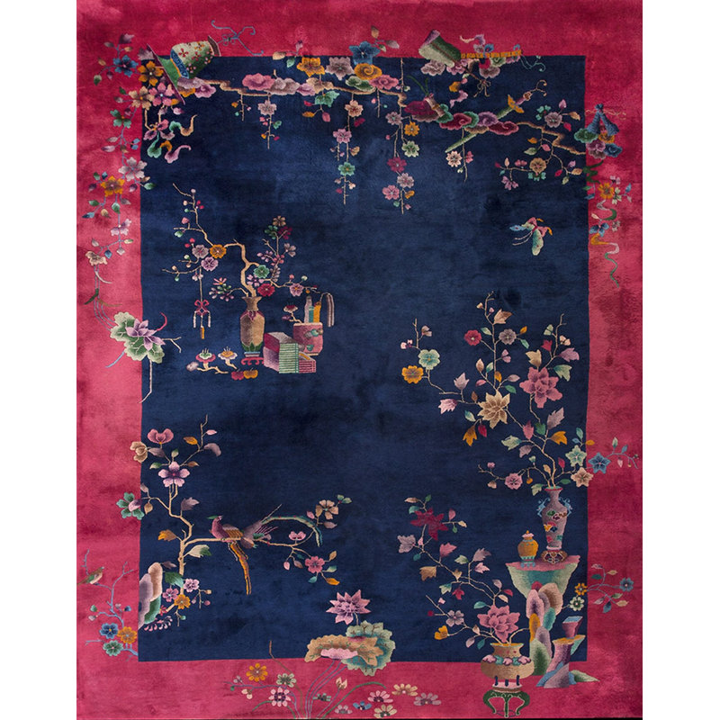 Antique Hand Knotted Wool Pile Blue Chinese Deco Rug