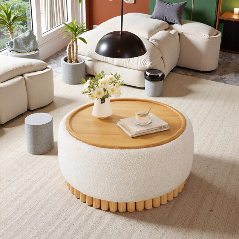 Repose-pieds rond 29 po avec pieds en bois, couvercle réversible et compartiment caché, aucun assemblage requis