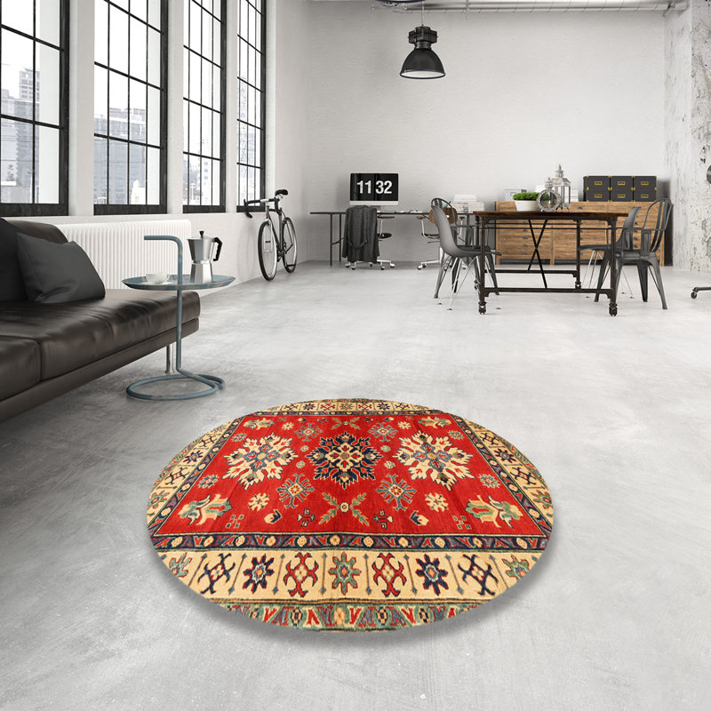 Tapis orange en laine et polyester tissé à la machine Southwestern, Rond 6 pi