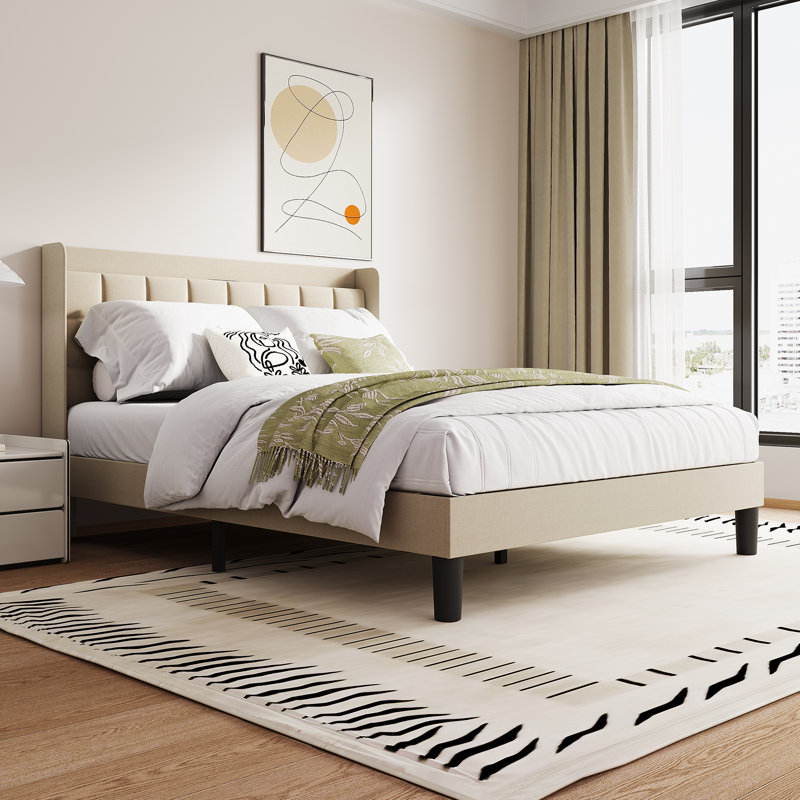 Linen fabric soft bed frame with USB charging port, Beige, Kingsize (5')