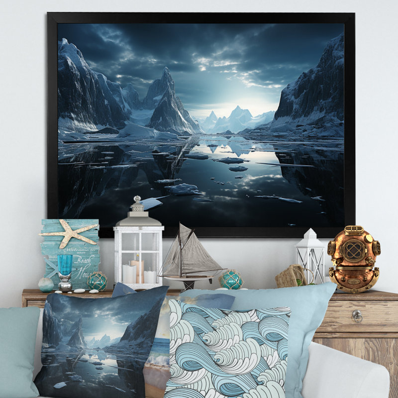 Teal Iceberg Silent Profondeurs - reproduction sur toile, H 34 po x l 44 po x P 1,5 po, Cadre simple noir