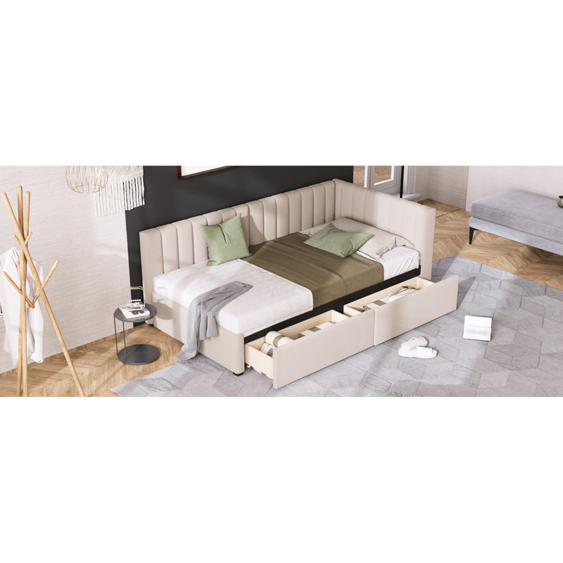 Upholstered Daybed With 2 Drawers, Beige Linen, Twin Size - No Box Spring Required, Create A Relaxing And Stylish Bedroom Atmosphere Linen Fabric Bed Storage Boxes Practical Piece