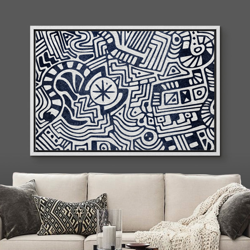«Geometric Line Tribal Inspired Abstract Geometric Shapes - Floater Frame», impression sur toile, Cadre blanc
