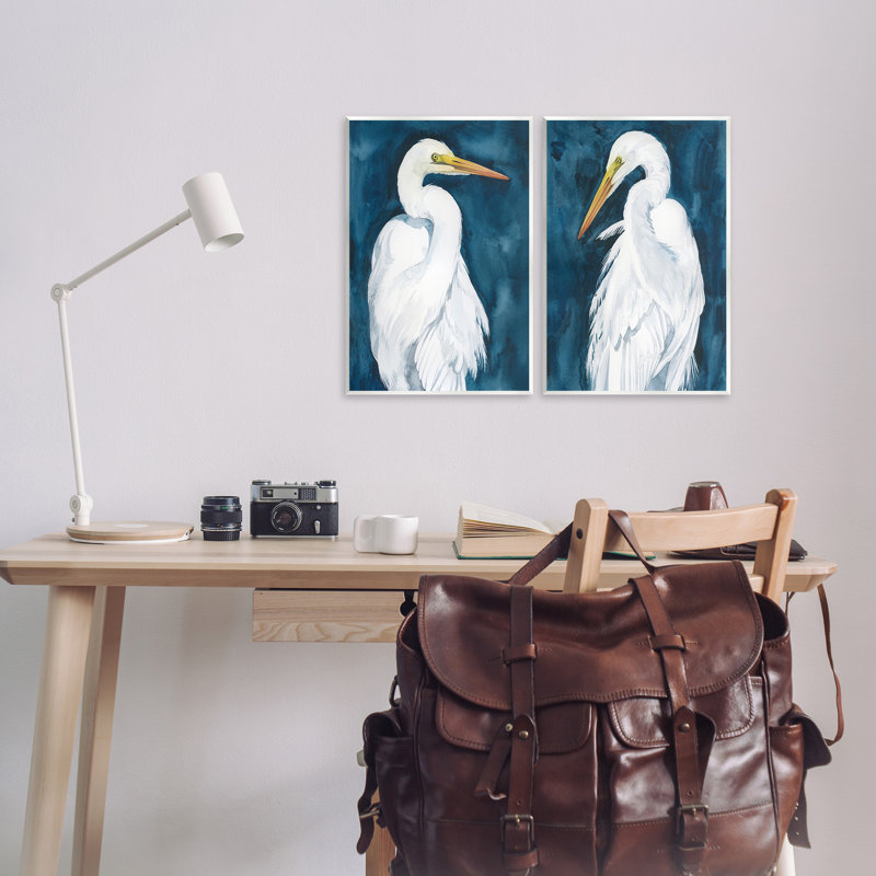 «Elegant Egrets on Blue», ensemble de 2 plaques murales par Grace Popp, H 19 po x l 13 po