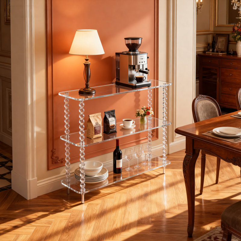 Acrylic Clear Console Table for Entryway, 3-Tier Sofa Table Bookshelf, Low Bookcase with Open Storage Shelves, Clear