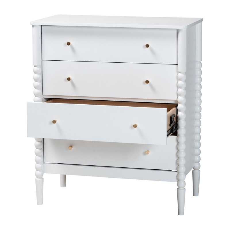 Lucera Mid-Century Bobbin Wood 4-Drawer Chest, White