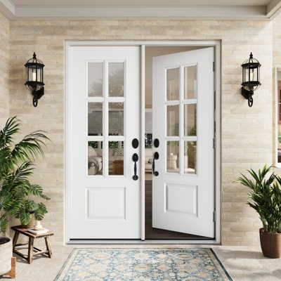 Entry Front Exterior Fiberglass Door 60" x 80"(2 * 30" x 80") Primed White 6-Lite Clear Glass French Door With Jamb,Classic Design & Modern Style & Long-Lasting Use, Right-Hand Inswing (Not Included Hardware Kit)