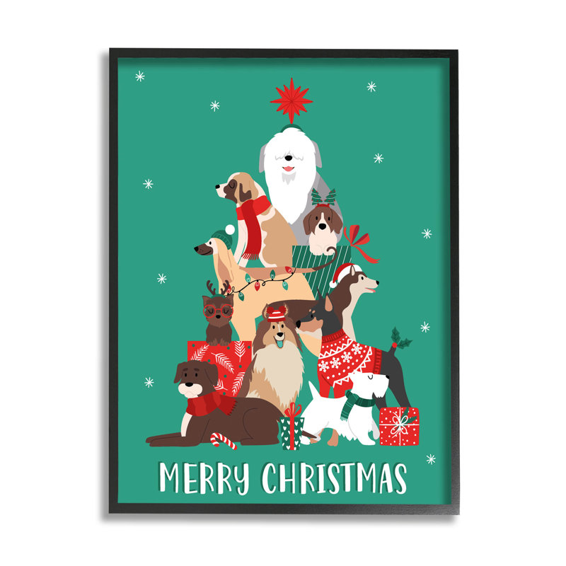 Merry Christmas Happy Dog at-116, Giclée encadrée noir minuit, H 14 po x l 11 po x P 1,5 po