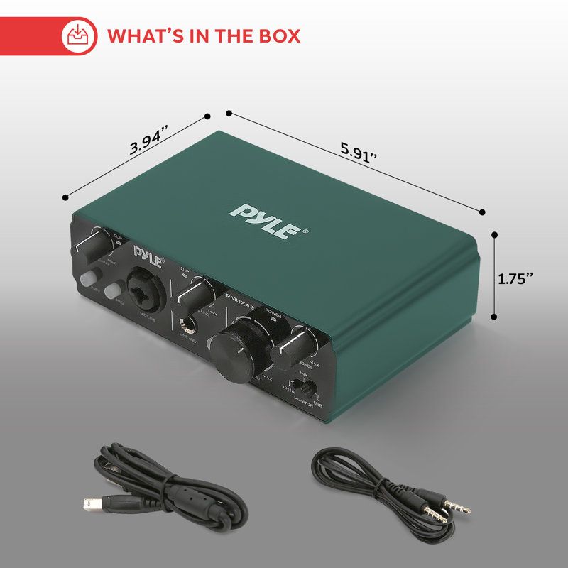 Interface audio USB Pyle pour enregistrer, diffuser et baladodiffuser - 2 entrées 2 sorties, alimentation fantôme 48 V, ASIO 24Bit / 192Khz, son de qualité studio, châssis en métal robuste - Compatible avec Windows / Mac