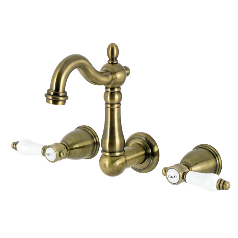 Kingston Brass Bel-Air Double-Handle 3-Hole Wall Mount Bathroom Faucet, Antique Brass