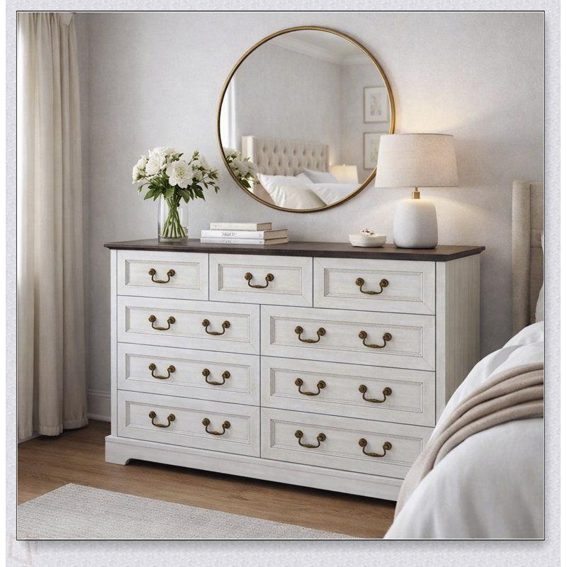 Commode 9 tiroirs Farmhouse, commode en bois rustique avec poignées en métal, large meuble télé avec commode pour la chambre à coucher, le salon, le couloir, la salle à manger