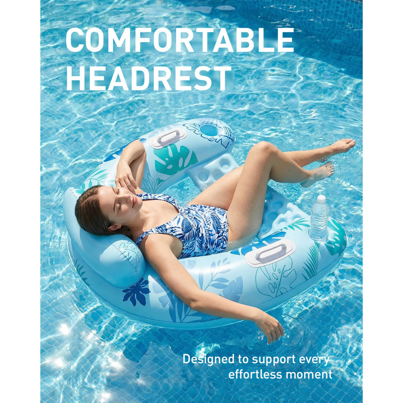 3pcs Inflatable Pool Float Chair With Cup Holder & Headrest, U-Shaped Water Lounge Raft For Swimming Pool Beach Party, Leaf Blue, Green And Pink