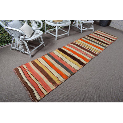 Vintage Striped Turkish Kilim Runner Rug Hand-Knotted in Wool with Distinctive Beige Tones