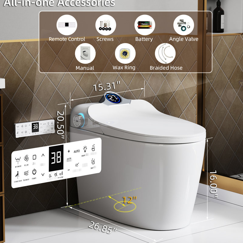 Smart Toilet Bidet With Foot Sensor Open Cover/Seat, Self-Cleaning Nozzle, Three Level Heated Seat, Airflow, Led Display, Night , Knob Control, Soft Close, Auto Flush, And Remote Control - White Iron