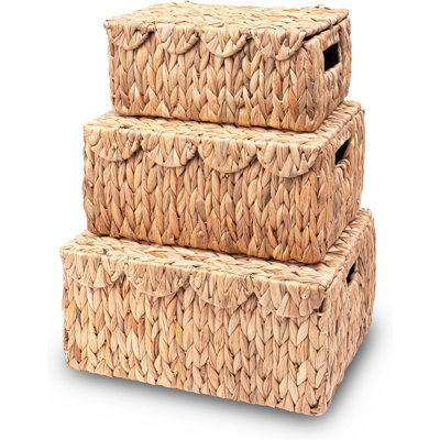 Set of 3 Scalloped Edge Wicker Basket with Lid, Rectangle Wicker Storage Basket with Built-in Handles