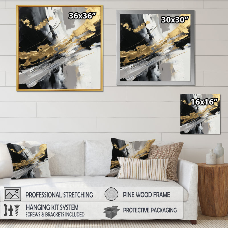 Golden River Wildness, abstrait or et noir - peinture abstraite, art mural, H 30 po x l 30 po x P 1 po, Cadre doré simple