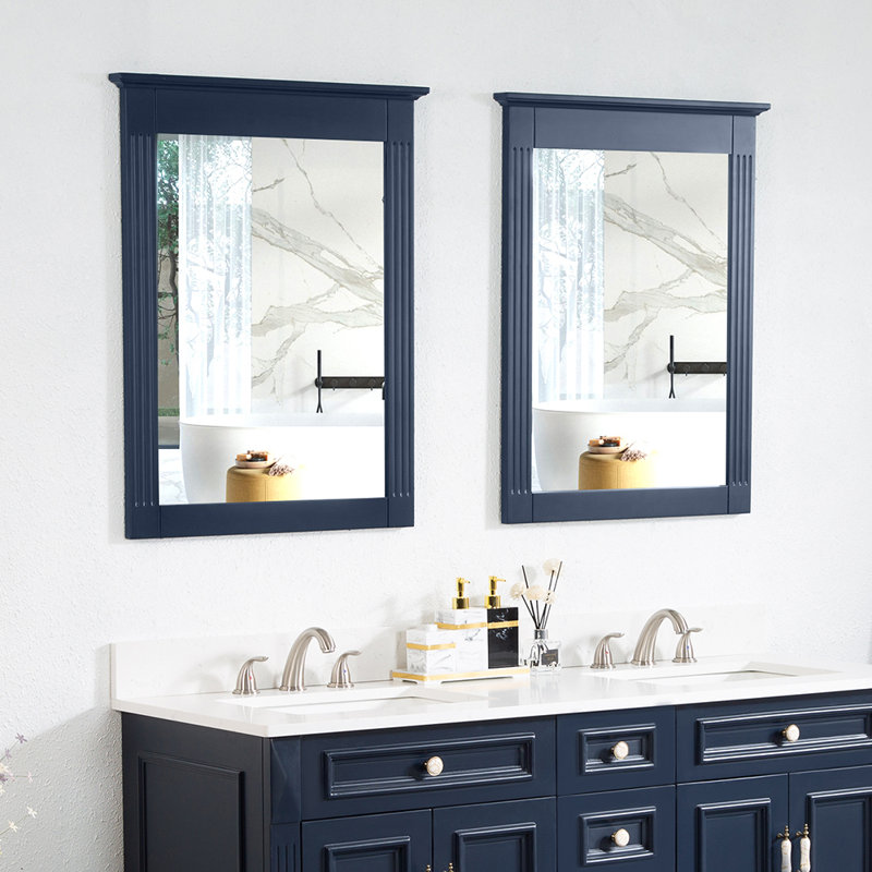 Wall-Mounted 33"H x 26''W Rectangle Solid Wood Framed Mirror, Navy Blue
