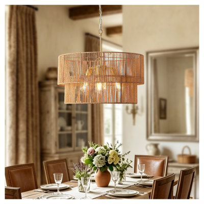 23.62" Handwoven Rattan 2-Tier Chandelier, Gold Boho Pendant Light with Natural Paper Shade