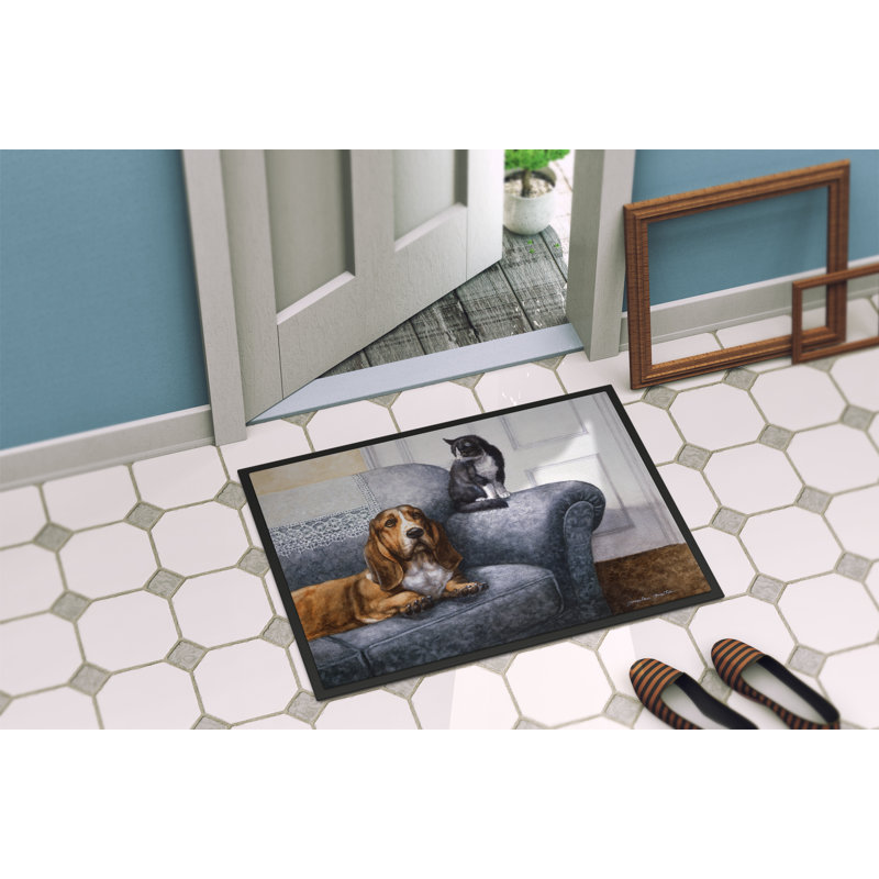 Tapis d'extérieur antidérapant Basset Hound and Cat on Couch, Rectangle 2 pi x 3 pi