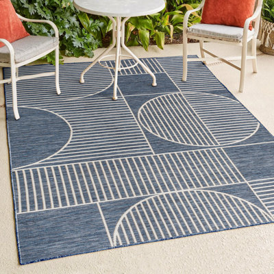 Erkin Mid-Century Modern Geometric Lines Reversible Machine-Washable Navy/Cream Indoor/Outdoor Rug