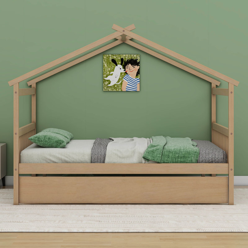 Annais Wooden House Bed with Trundle, Full, Natural