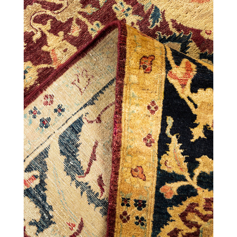 Tapis beige / bleu marine / rouge noué à la main de conception unique 8 pi x 10 pi 4 po Keenan