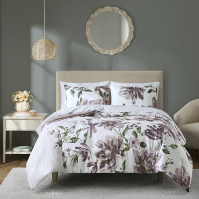 Très grand lit dans un sac, édredon floral et draps, 100%, motif à losanges gris, preuve, lavable, impression taupe mauve, microfibre, literie