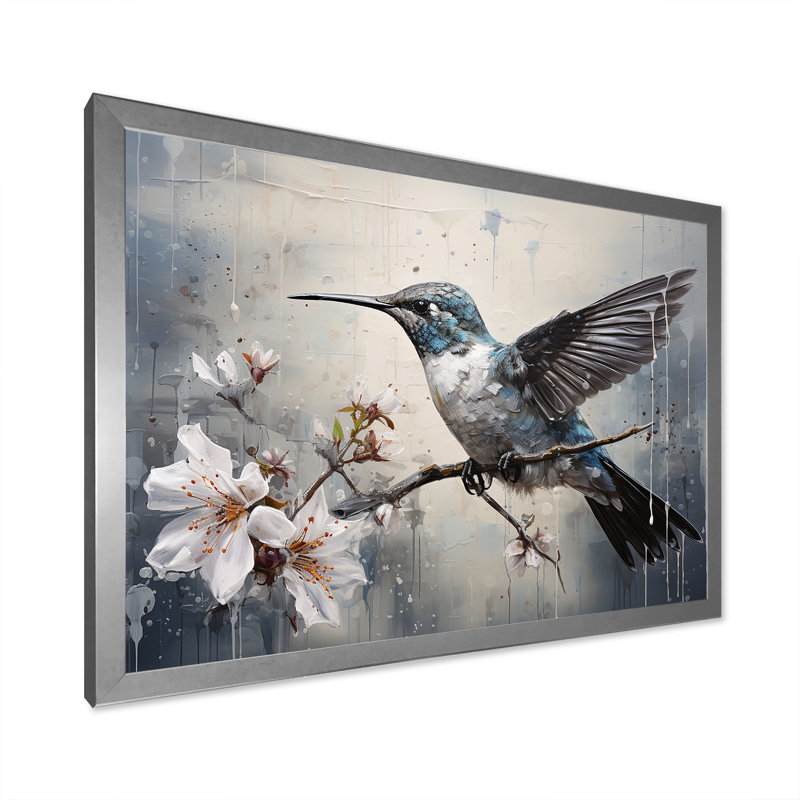 Colibri harmonie florale II sur toile, Encadrement doré, H 12 po x l 20 po