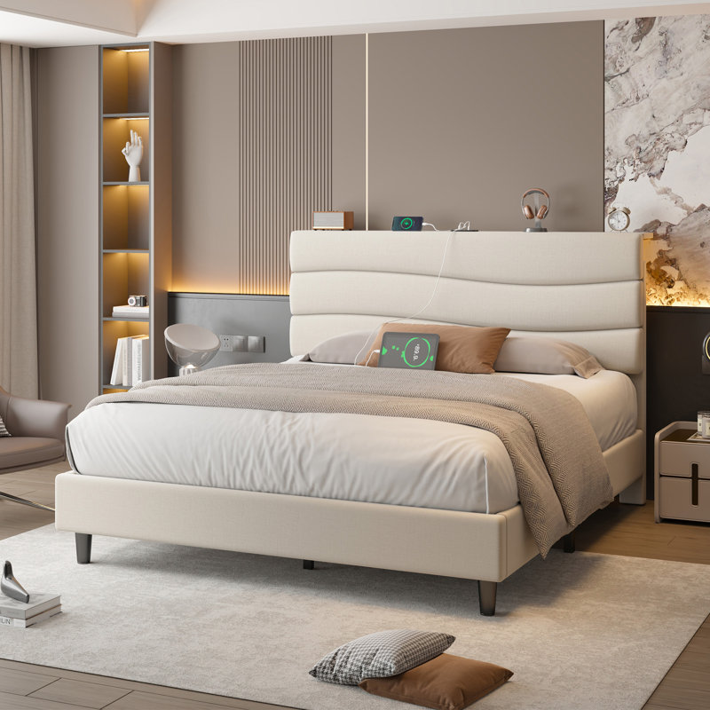 Upholstered Storage Bed with Charging Station, Beige, Full
