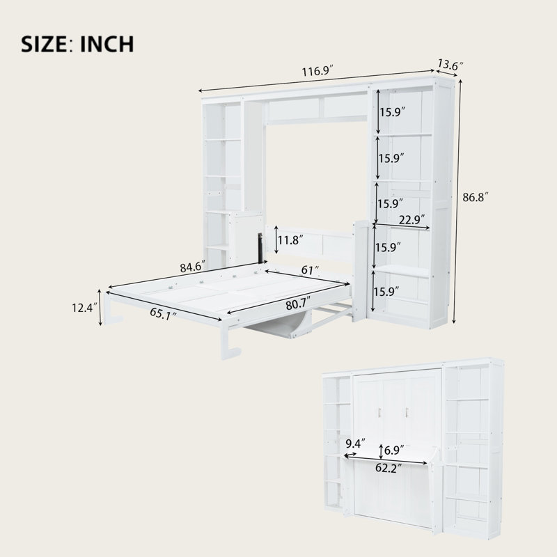 White Solid Pine Murphy Bed with Foldable Desk and Bookshelf Storage, Space-Saving Wall Bed Cabinet with Wood Slat Support for Home Office or Guest Room