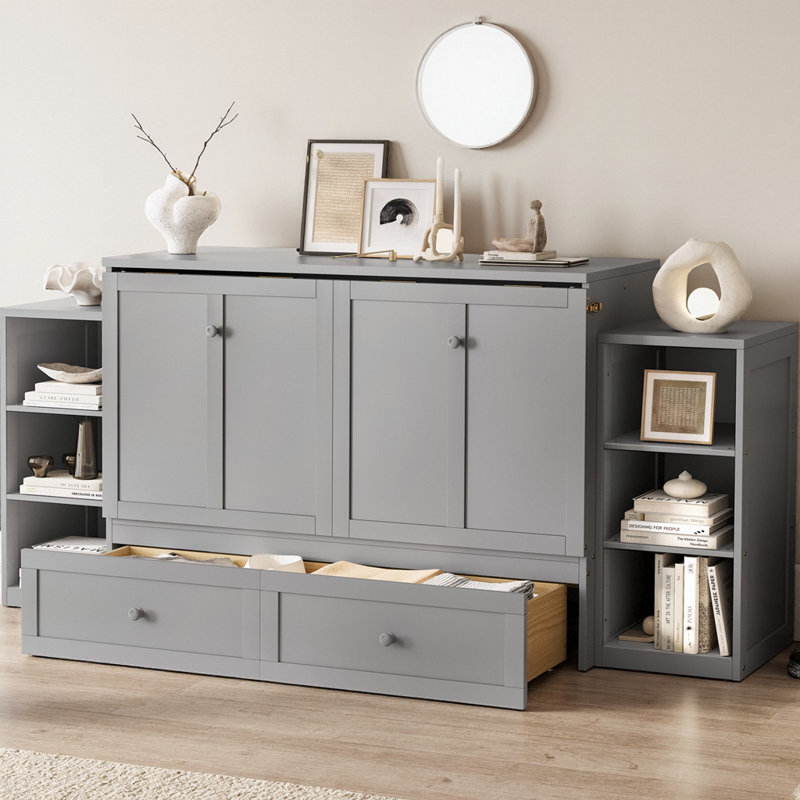 Lit escamotable pleine grandeur avec tiroirs et tablettes de rangement, armoire de lit murale en bois de pin massif peu encombrant, lit rabattable avec rangement organisationnel