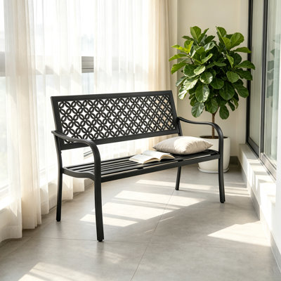 Banc d'extérieur en métal ajouré multicolore, 125 cm (49,17 po), résistant aux intempéries, en acier, avec accoudoirs incurvés, 2 places. Disponible en noir pour jardin, terrasse, pelouse et balcon.