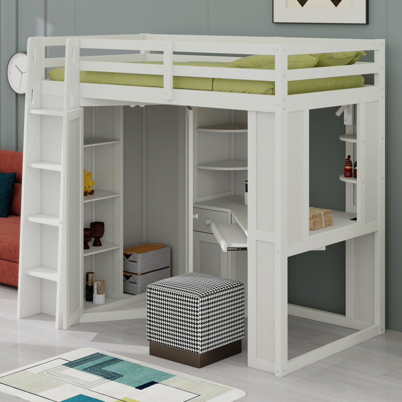 Lit mezzanine avec grande armoire intégrée, bureau, Blanc