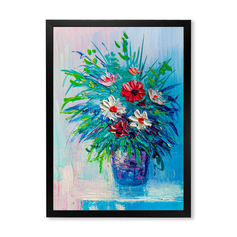 Vase multicolore et vert de fleurs - Décoration murale traditionnelle sur toile, H 36 po x l 24 po x P 1 po, Cadre photo noir