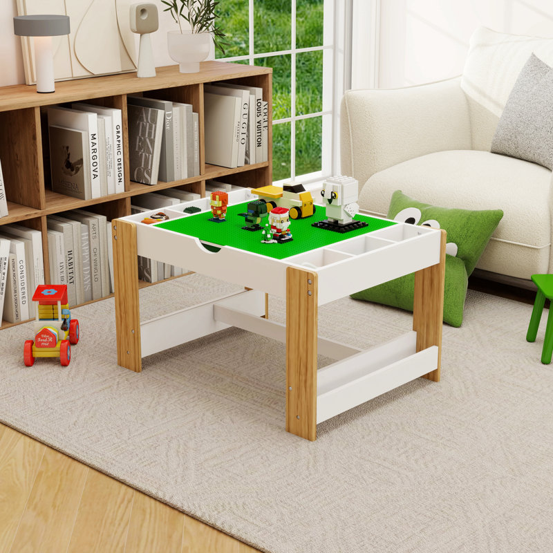 Table de jeu pour enfants 2 en 1 avec 7 compartiments de rangement, compatible avec le bloc de construction Lego, mobilier de jeu d'apprentissage moderne pour activités - blanc