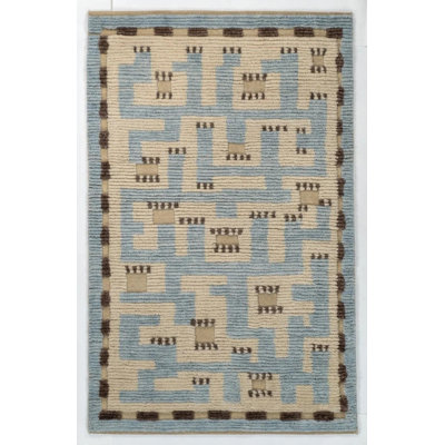 Petit tapis décoratif 3 x 5 po, tapis en laine noué à la main, tapis géométrique crème bleu clair, tapis de labyrinthe scandinave texturé moderne de style indien de luxe