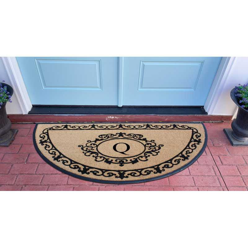 Bahily Floral Border Natural Coir & Rubber Hand-Flocked Monogram Door Mat, 36"x72", Heavy-Duty Outdoor Front Porch Entrance Doormat