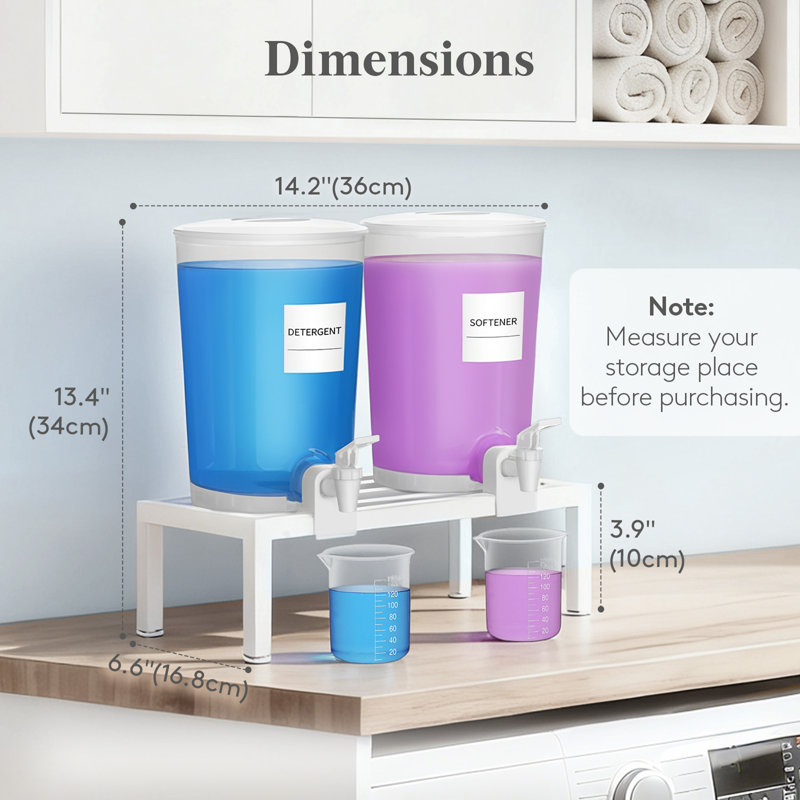 Ensemble de 2 distributeurs de détergent à lessive liquide, distributeur de savon à lessive 120 oz liq. / 3,5 l avec robinet étanche, récipients en plastique pour assouplissant, eau de Javel avec support, étiquettes, tasses à mesurer