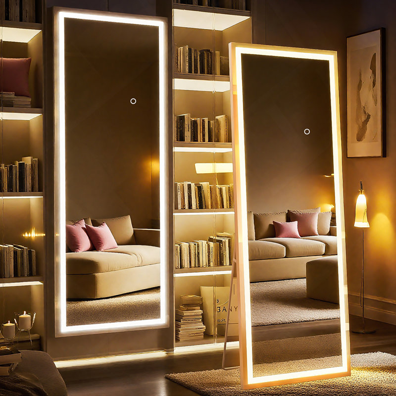 65x22 Inch Full Length Mirror with Lights, Full Body Dressing Standing, Hanging Mounted Mirror for Living Room Bedroom Cloakroom, Square Black