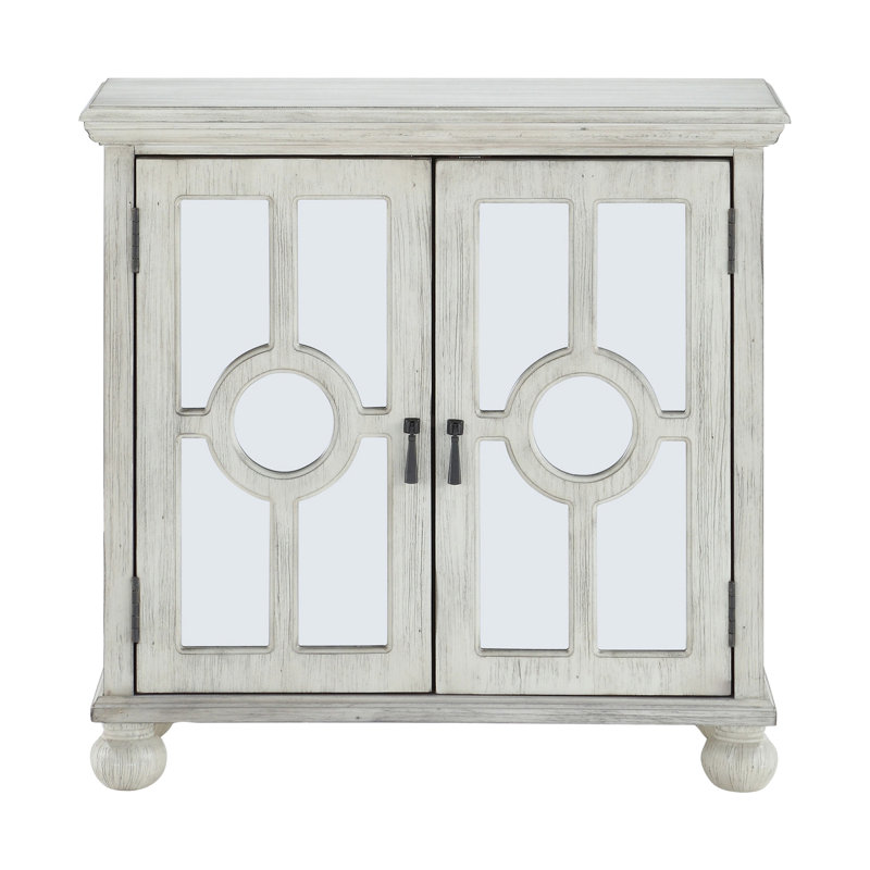 Commode d'appoint en bois blanc antique avec portes miroir et espace de rangement intérieur, Blanc antique