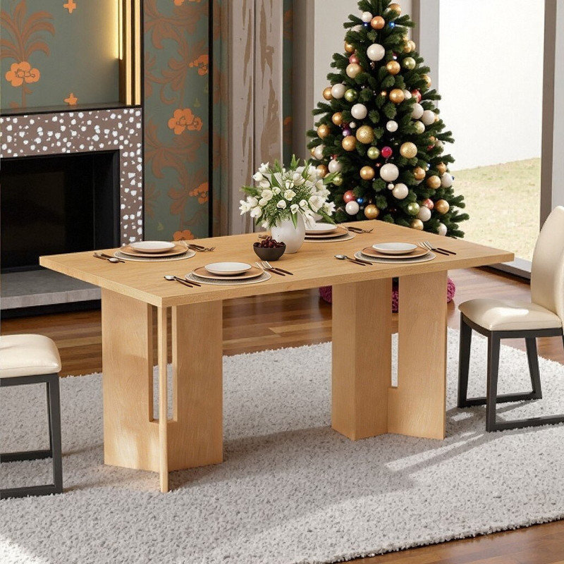 Table de salle à manger rectangulaire avec pieds découpés, placage de chêne et bois LVL, Bois naturel délavé