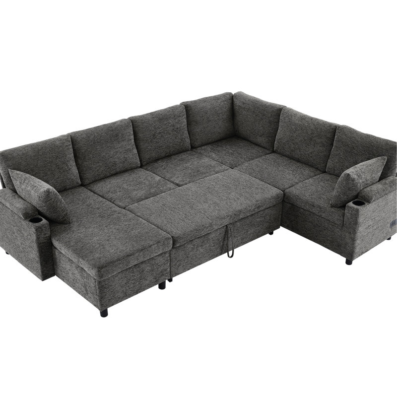 Lit en forme de U en gris avec amplement d'espace de rangement et tissu de chenille doux Caractéristiques d'optimisation modernes