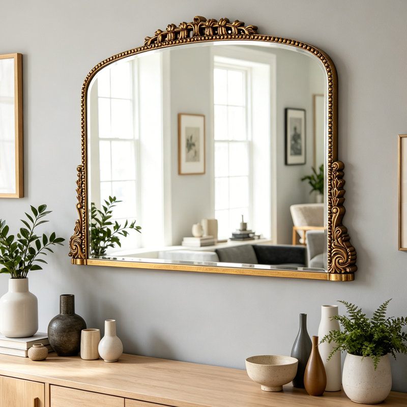Hand-Painted Ornate Gold Arched Wall Mirror, Antique Gold, 26'' x 35.4''