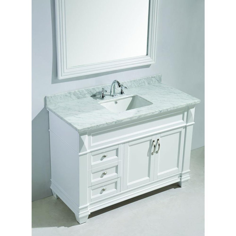 Ensemble de meuble-lavabo de salle de bain simple avec miroir 48 po Carrasquillo, Marbre de Carrare blanc, Blanc