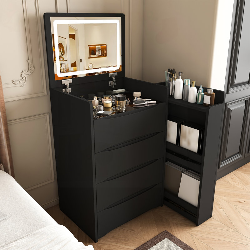 Bureau de meuble-lavabo à miroir 3 en 1 avec DEL réglable et plateau latéral, Noir