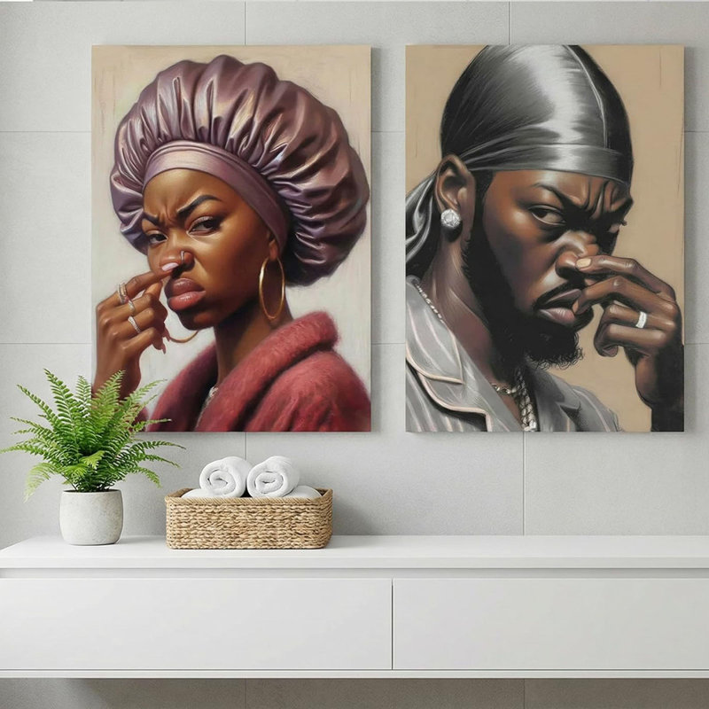 2Pcs Funny African American Bathroom Wall Art Funny Stank face bathroom Wall Decor Canvas Unpleasant Smell Cover Wall Art Pictures Paintings Humor Afrocentric Black Couple Pinch Nose Painting Framed