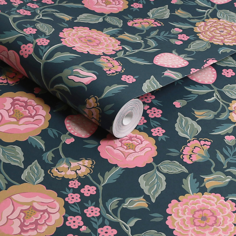 Cath Kidston Strawberry Garden Floral Wallpaper, Navy 