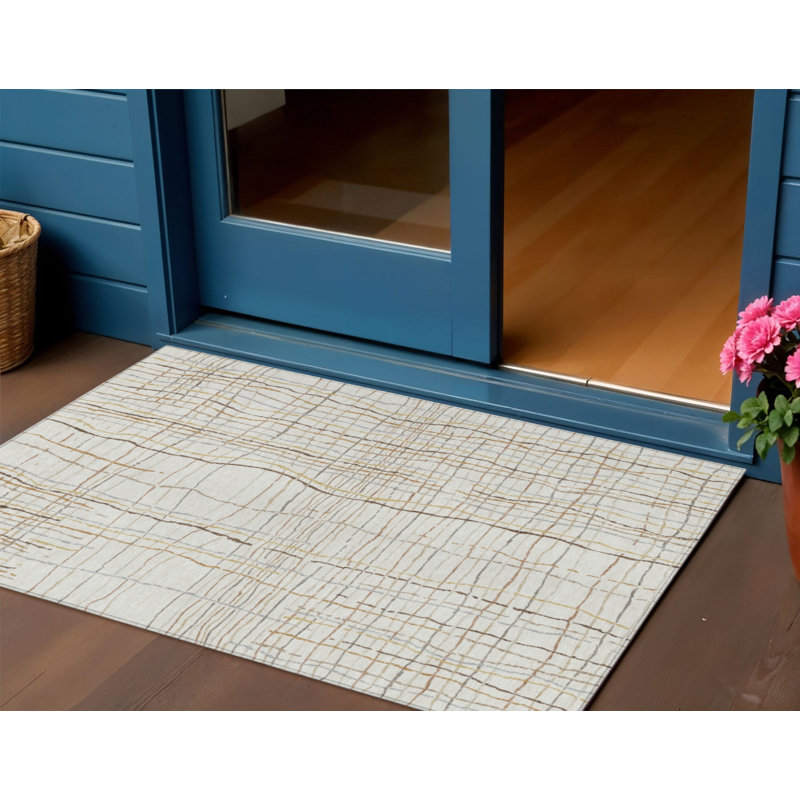 3' X 5' Ivory Striped Washable Indoor Outdoor Area Rug
